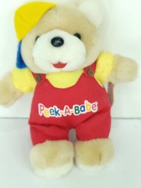 Peek-A-Babe Small Brown Bear Plush Stuffed Animal Red Overalls Yellow Blue Hat